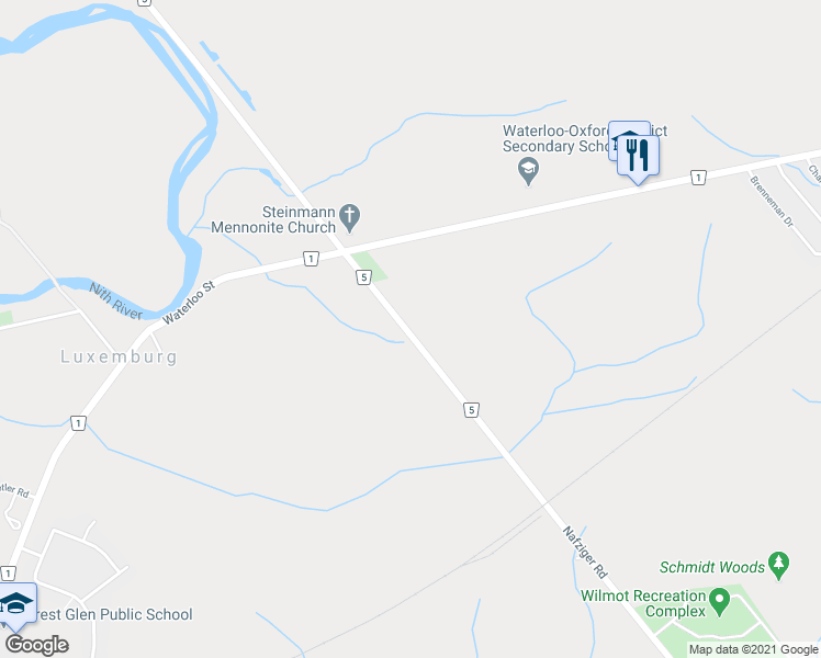 map of restaurants, bars, coffee shops, grocery stores, and more near 1529 Nafziger Road in New Hamburg