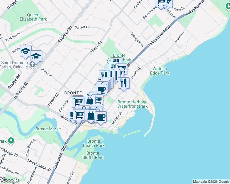 map of restaurants, bars, coffee shops, grocery stores, and more near 2303 Marine Drive in Oakville