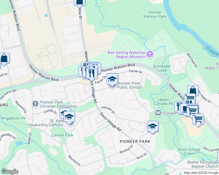 map of restaurants, bars, coffee shops, grocery stores, and more near Upper Canada Drive in Kitchener