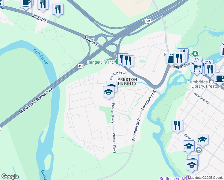map of restaurants, bars, coffee shops, grocery stores, and more near 297 Linden Drive in Cambridge