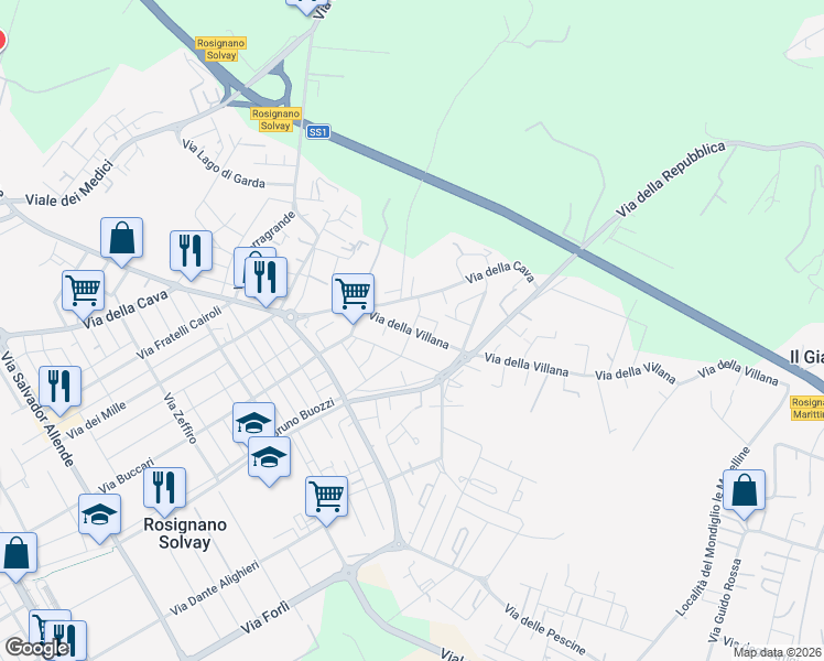 map of restaurants, bars, coffee shops, grocery stores, and more near 30A Via Raffaello Lambruschini in Rosignano Solvay-Castiglioncello