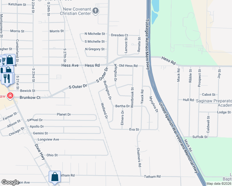 map of restaurants, bars, coffee shops, grocery stores, and more near 3957 Melrose Street in Saginaw