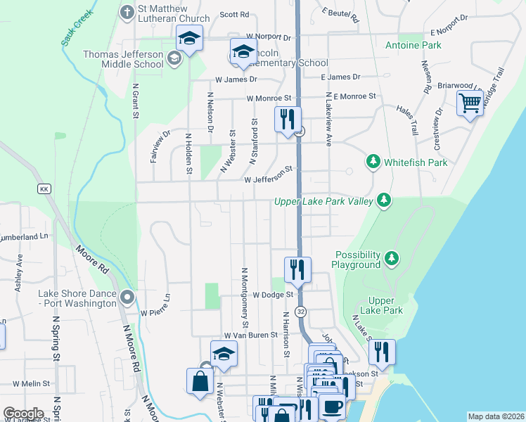 map of restaurants, bars, coffee shops, grocery stores, and more near 761 North Milwaukee Street in Port Washington