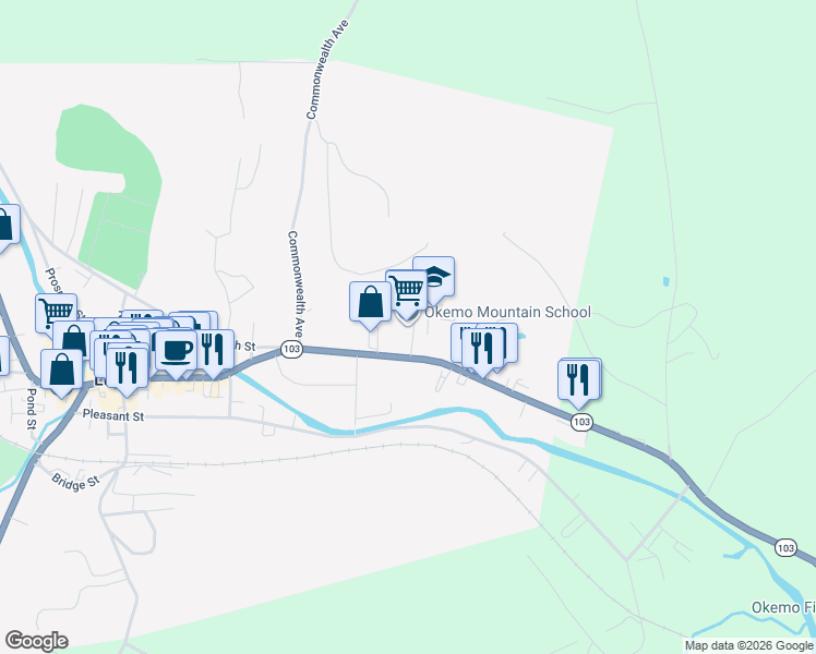 map of restaurants, bars, coffee shops, grocery stores, and more near 53 Main Street in Ludlow