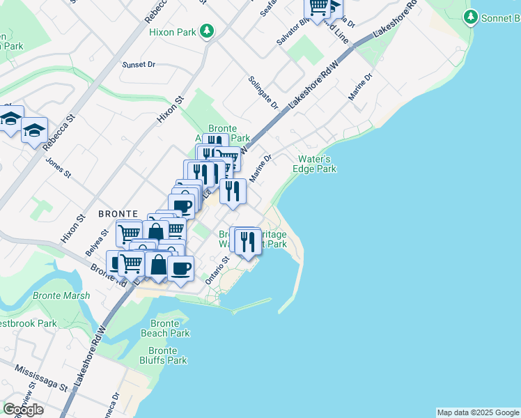 map of restaurants, bars, coffee shops, grocery stores, and more near 15 East Street in Oakville