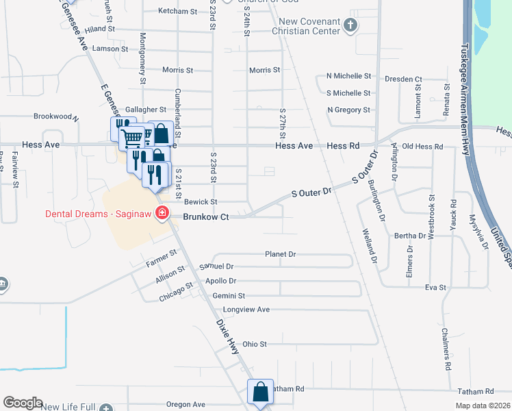 map of restaurants, bars, coffee shops, grocery stores, and more near 2637 South Outer Drive in Saginaw