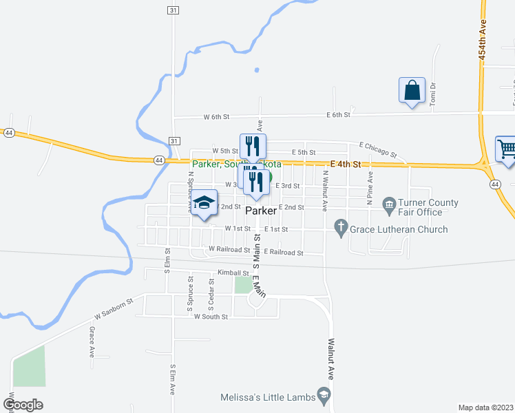 map of restaurants, bars, coffee shops, grocery stores, and more near 102 West 2nd Street in Parker