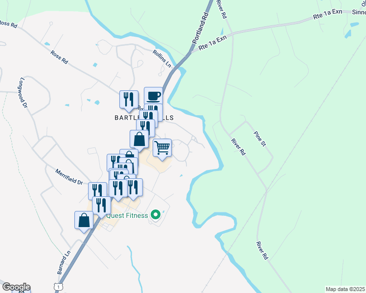 map of restaurants, bars, coffee shops, grocery stores, and more near 8 Powder Mill Drive in Kennebunk