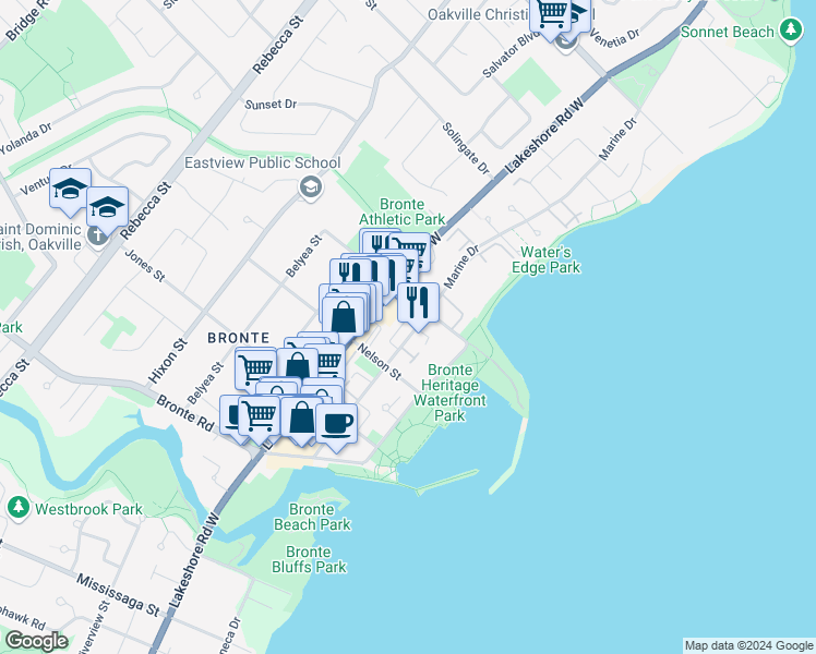 map of restaurants, bars, coffee shops, grocery stores, and more near 2-2304 Lakeshore Road West in Oakville