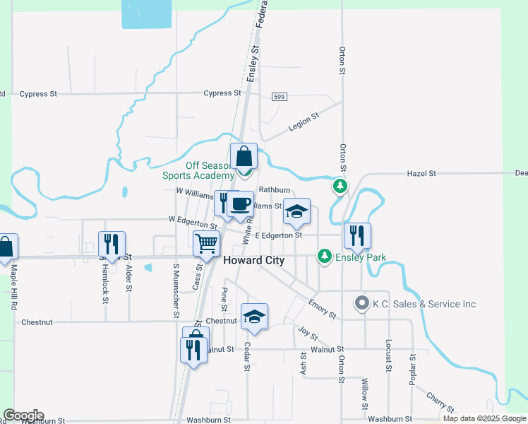 map of restaurants, bars, coffee shops, grocery stores, and more near 219 East Williams Street in Howard City