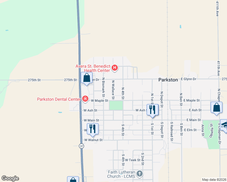 map of restaurants, bars, coffee shops, grocery stores, and more near 388 North Wallace Street in Parkston