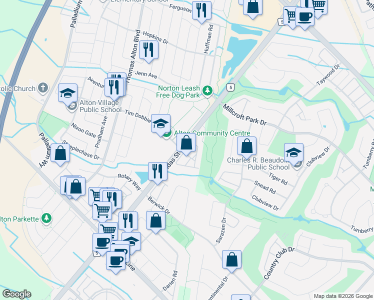 map of restaurants, bars, coffee shops, grocery stores, and more near 4196 Rawlins Common in Burlington