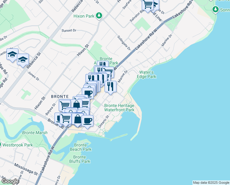 map of restaurants, bars, coffee shops, grocery stores, and more near 50 East Street in Oakville