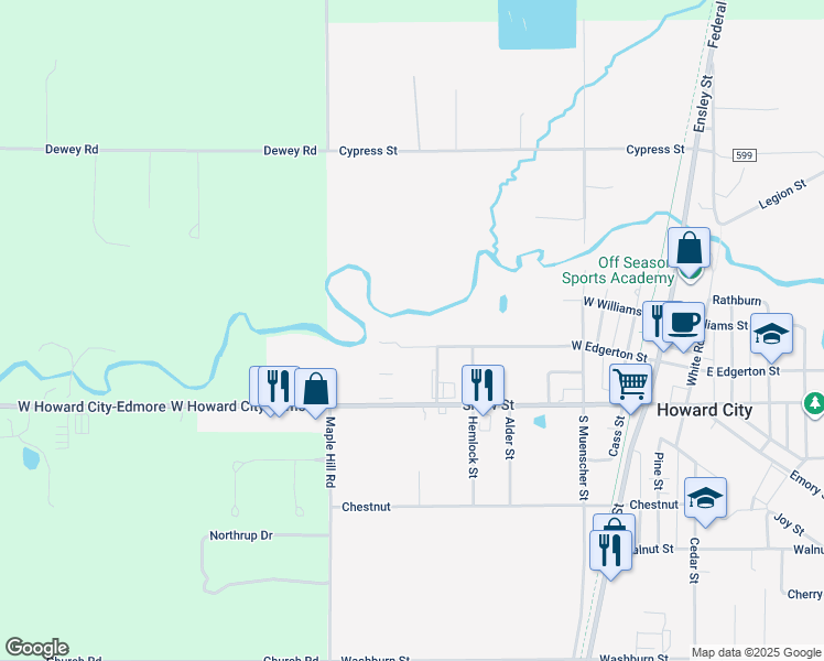 map of restaurants, bars, coffee shops, grocery stores, and more near 710 West Edgerton Street in Howard City