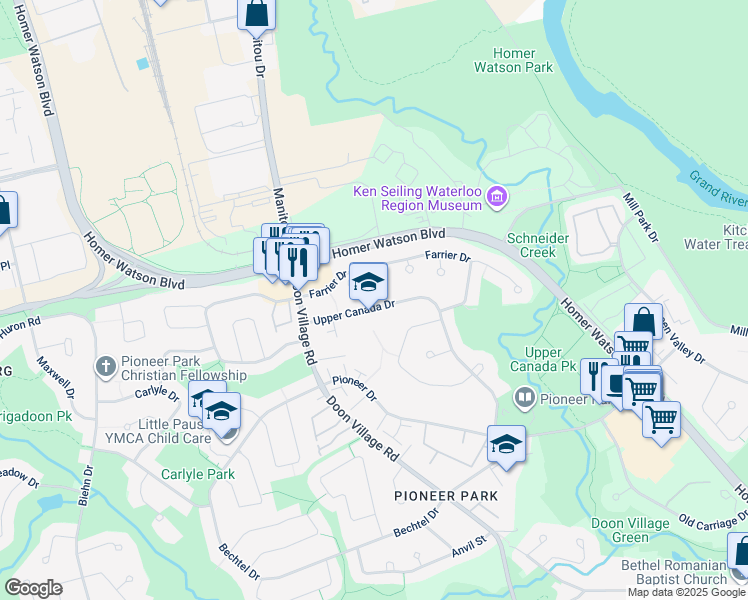 map of restaurants, bars, coffee shops, grocery stores, and more near 68 Upper Canada Drive in Kitchener