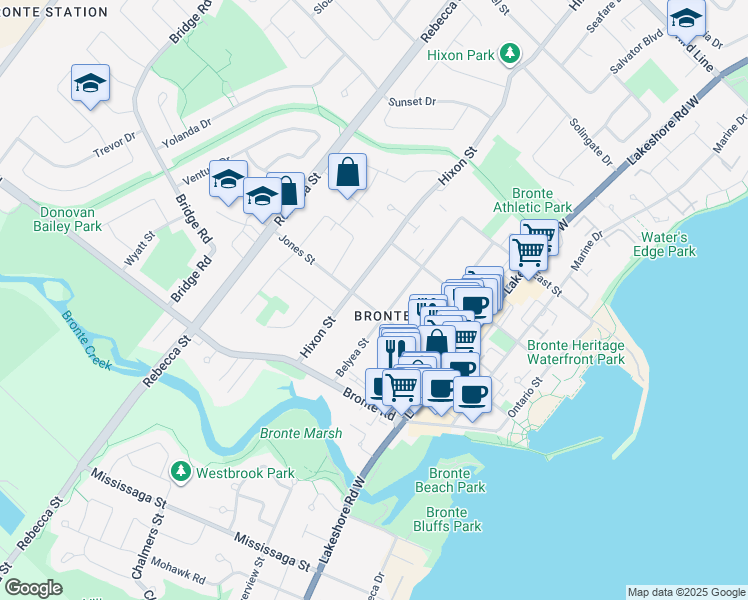 map of restaurants, bars, coffee shops, grocery stores, and more near 187 Jones Street in Oakville
