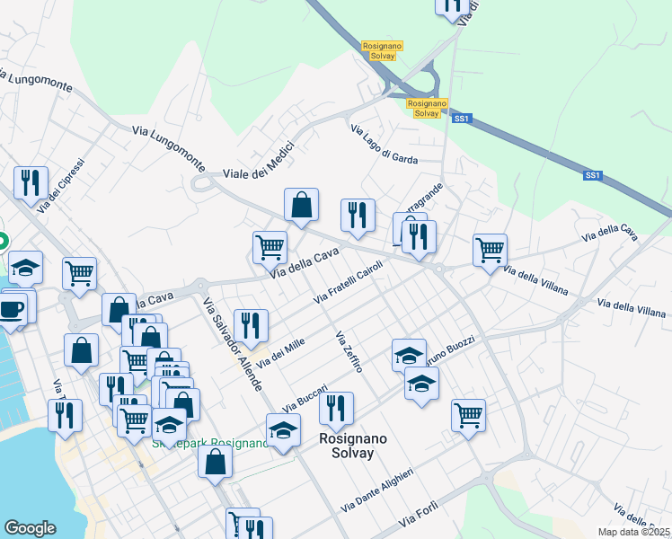 map of restaurants, bars, coffee shops, grocery stores, and more near 8 Via Milazzo in Rosignano Solvay-Castiglioncello