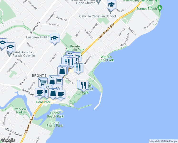 map of restaurants, bars, coffee shops, grocery stores, and more near 15 East Street in Oakville