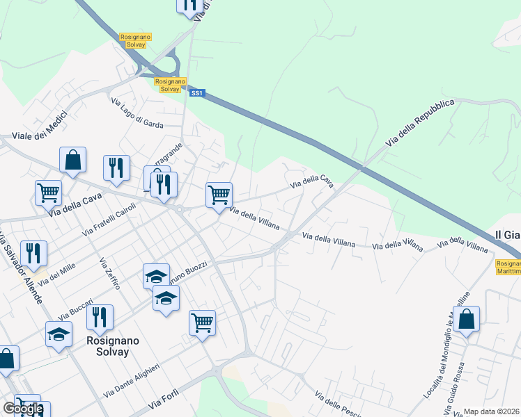 map of restaurants, bars, coffee shops, grocery stores, and more near 30A Via Raffaello Lambruschini in Rosignano Solvay-Castiglioncello