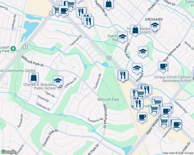 map of restaurants, bars, coffee shops, grocery stores, and more near 2182 Turnberry Road in Burlington