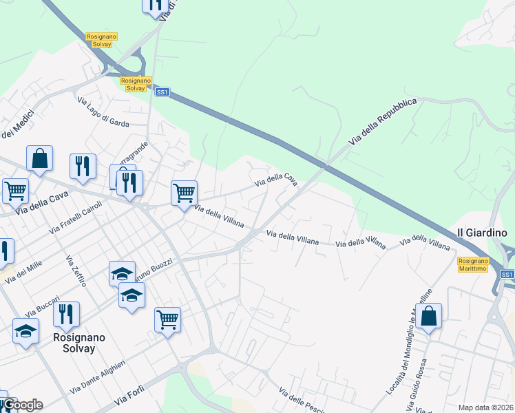 map of restaurants, bars, coffee shops, grocery stores, and more near 18 Via Poggi Paoli in Rosignano Solvay-Castiglioncello