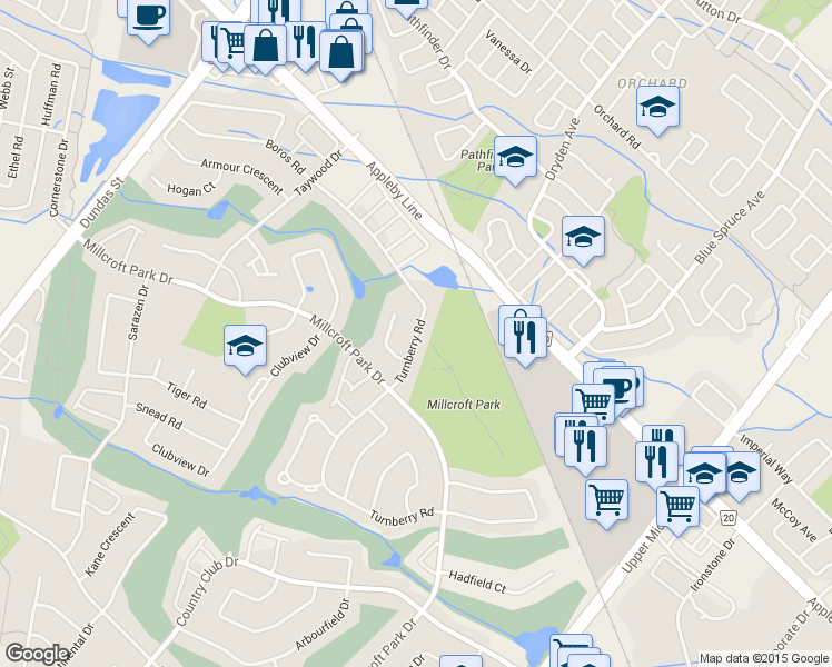 map of restaurants, bars, coffee shops, grocery stores, and more near 2182 Turnberry Road in Burlington