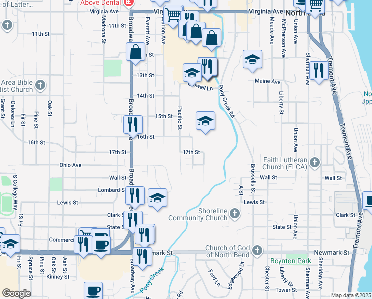 map of restaurants, bars, coffee shops, grocery stores, and more near 1626 17th Street in North Bend