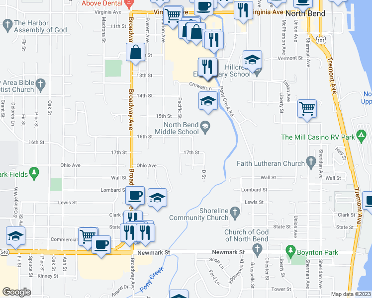 map of restaurants, bars, coffee shops, grocery stores, and more near 1626 17th Street in North Bend