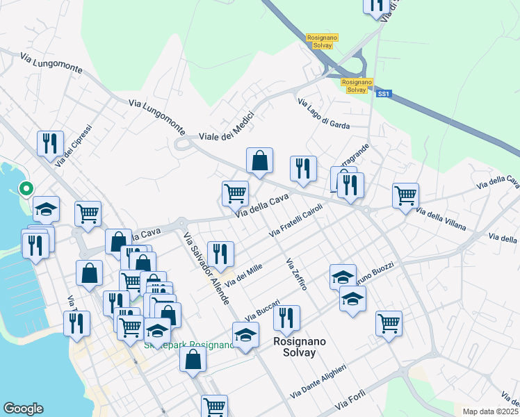map of restaurants, bars, coffee shops, grocery stores, and more near 60 Via Goffredo Mameli in Rosignano Solvay-Castiglioncello