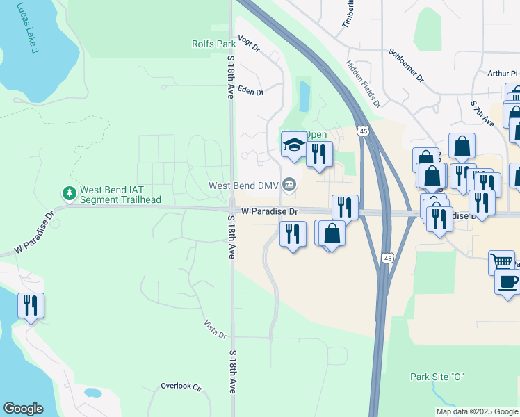 map of restaurants, bars, coffee shops, grocery stores, and more near 2054 Paradise Drive in West Bend