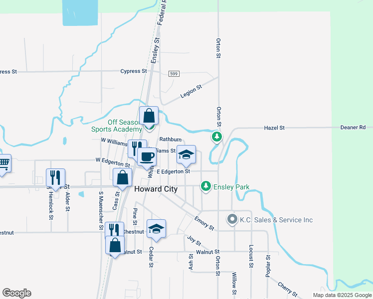 map of restaurants, bars, coffee shops, grocery stores, and more near 327 East Williams Street in Howard City