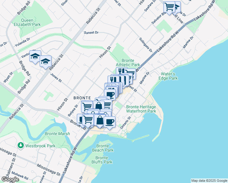 map of restaurants, bars, coffee shops, grocery stores, and more near 2319 Lakeshore Road West in Oakville