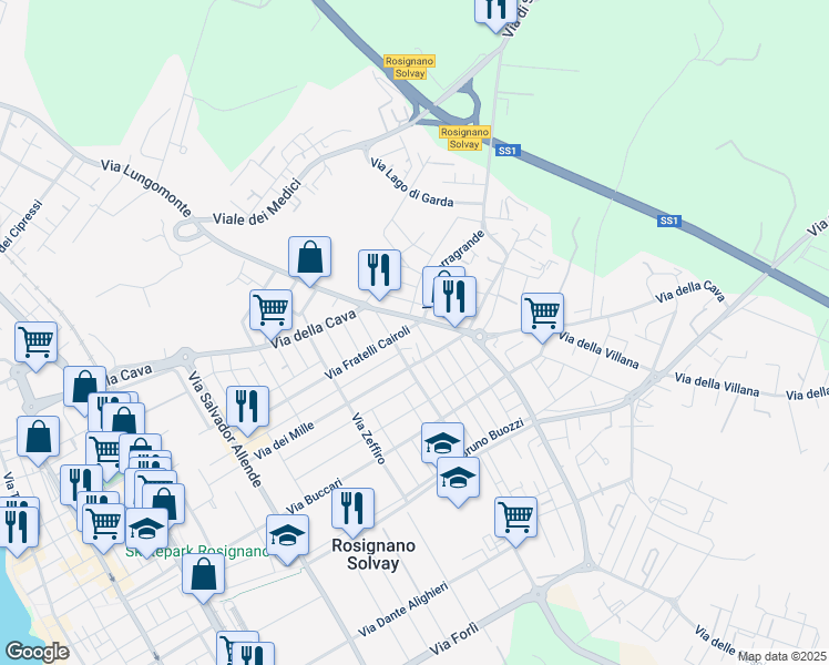 map of restaurants, bars, coffee shops, grocery stores, and more near 68 Via Fratelli Cairoli in Rosignano Solvay-Castiglioncello