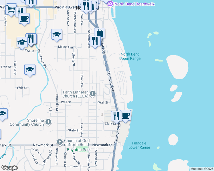 map of restaurants, bars, coffee shops, grocery stores, and more near 2621 Highway Street in North Bend