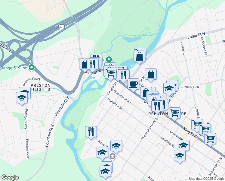 map of restaurants, bars, coffee shops, grocery stores, and more near 212 Queenston Road in Cambridge