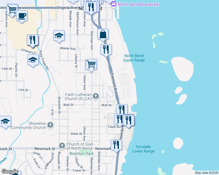map of restaurants, bars, coffee shops, grocery stores, and more near 2621 Highway Street in North Bend