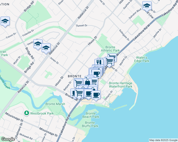 map of restaurants, bars, coffee shops, grocery stores, and more near 2345 Sovereign Street in Oakville