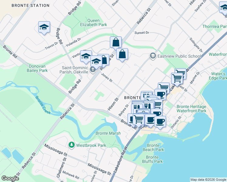 map of restaurants, bars, coffee shops, grocery stores, and more near 231 Cherryhill Road in Oakville