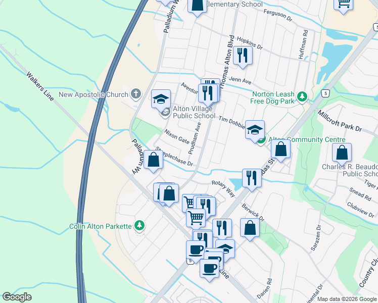 map of restaurants, bars, coffee shops, grocery stores, and more near 4183 Prudham Avenue in Burlington