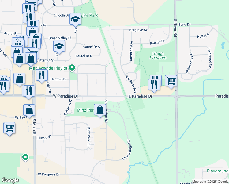 map of restaurants, bars, coffee shops, grocery stores, and more near 114 East Paradise Drive in West Bend