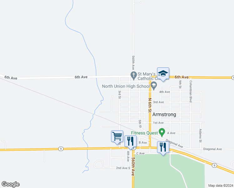 map of restaurants, bars, coffee shops, grocery stores, and more near 300-348 3rd Street in Armstrong