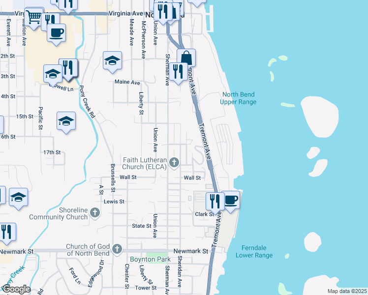 map of restaurants, bars, coffee shops, grocery stores, and more near 555 Delaware Avenue in North Bend