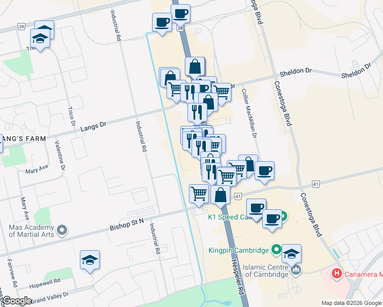 map of restaurants, bars, coffee shops, grocery stores, and more near 480 Hespeler Road in Cambridge