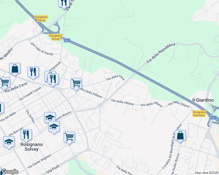 map of restaurants, bars, coffee shops, grocery stores, and more near 18 Via Poggi Paoli in Rosignano Solvay-Castiglioncello