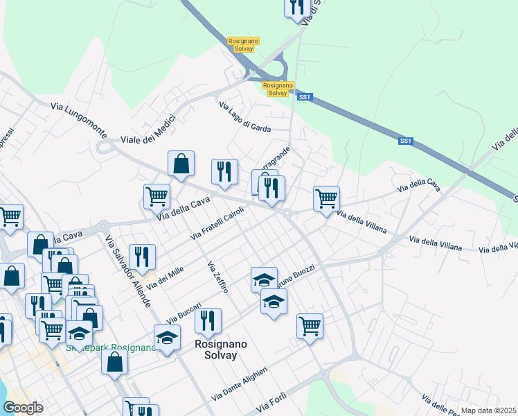 map of restaurants, bars, coffee shops, grocery stores, and more near 68 Via Fratelli Cairoli in Rosignano Solvay-Castiglioncello