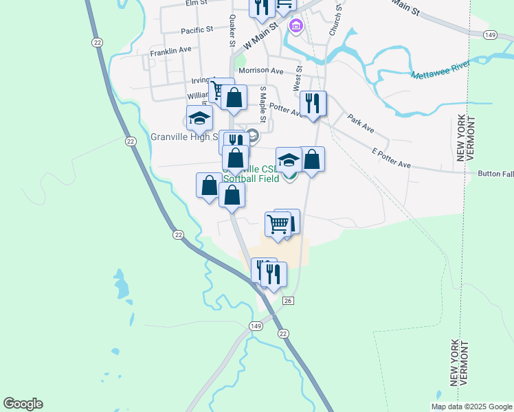 map of restaurants, bars, coffee shops, grocery stores, and more near 88 Quaker Street in Granville