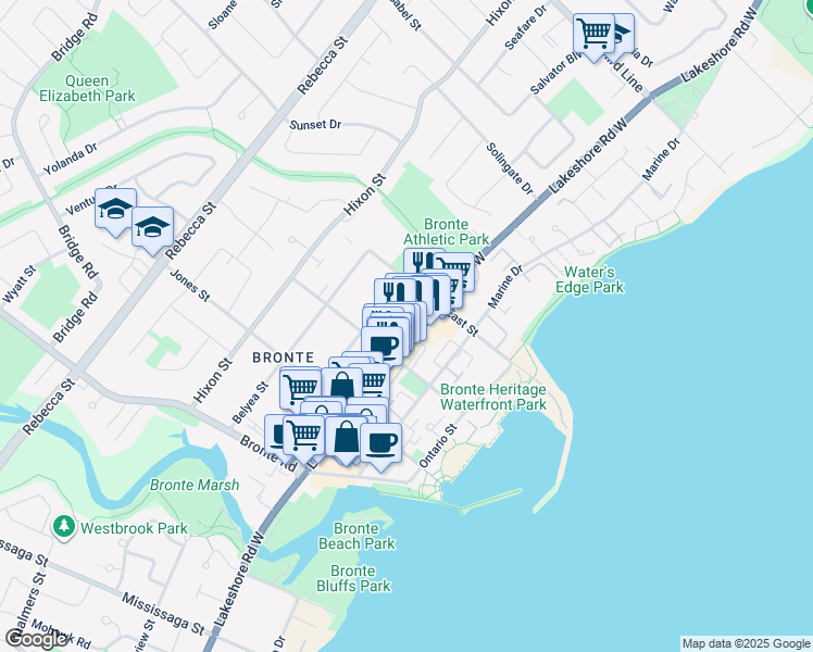 map of restaurants, bars, coffee shops, grocery stores, and more near 2319 Lakeshore Road West in Oakville