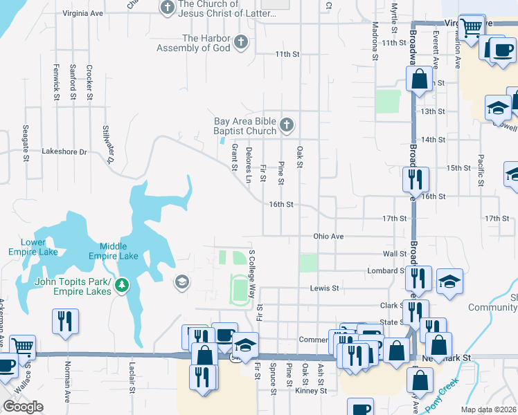 map of restaurants, bars, coffee shops, grocery stores, and more near 2580 Fir Street in North Bend