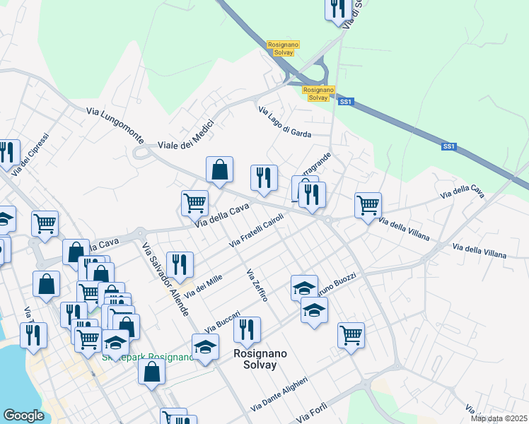 map of restaurants, bars, coffee shops, grocery stores, and more near 11 Via di Crocetta in Rosignano Solvay-castiglioncell