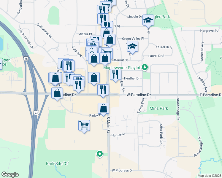map of restaurants, bars, coffee shops, grocery stores, and more near 1801 South Main Street in West Bend